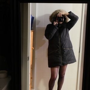Warm Down Long Winter Jacket with Fur Hood.